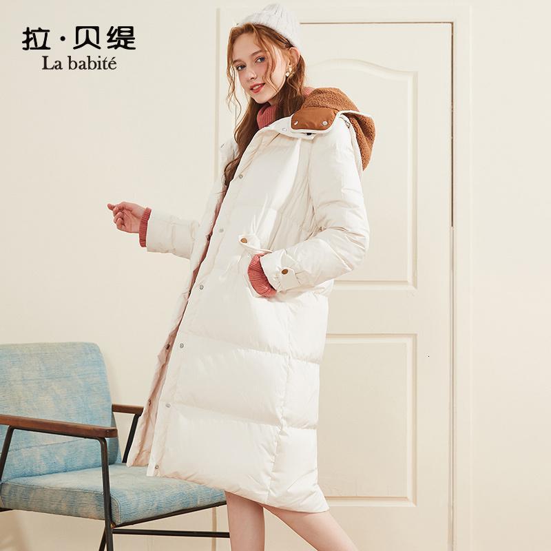 专柜同款拉贝缇白鸭绒羽绒服女中长款2019冬季新款韩版宽松连帽外套加厚60008547