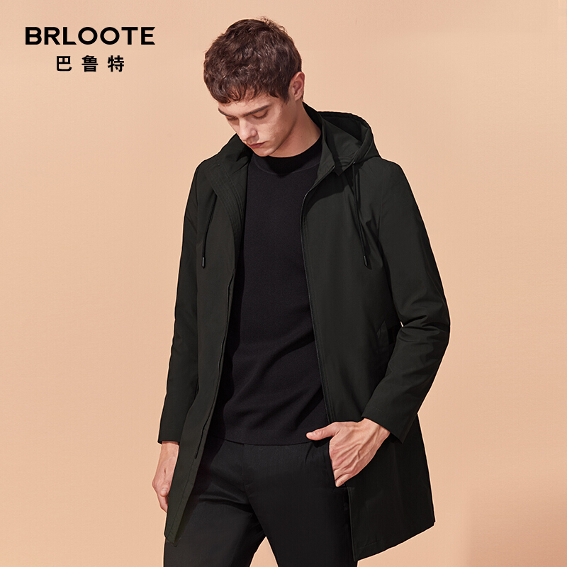 Brloote/巴鲁特风衣男2019秋季中长款连帽休闲防风夹克外套