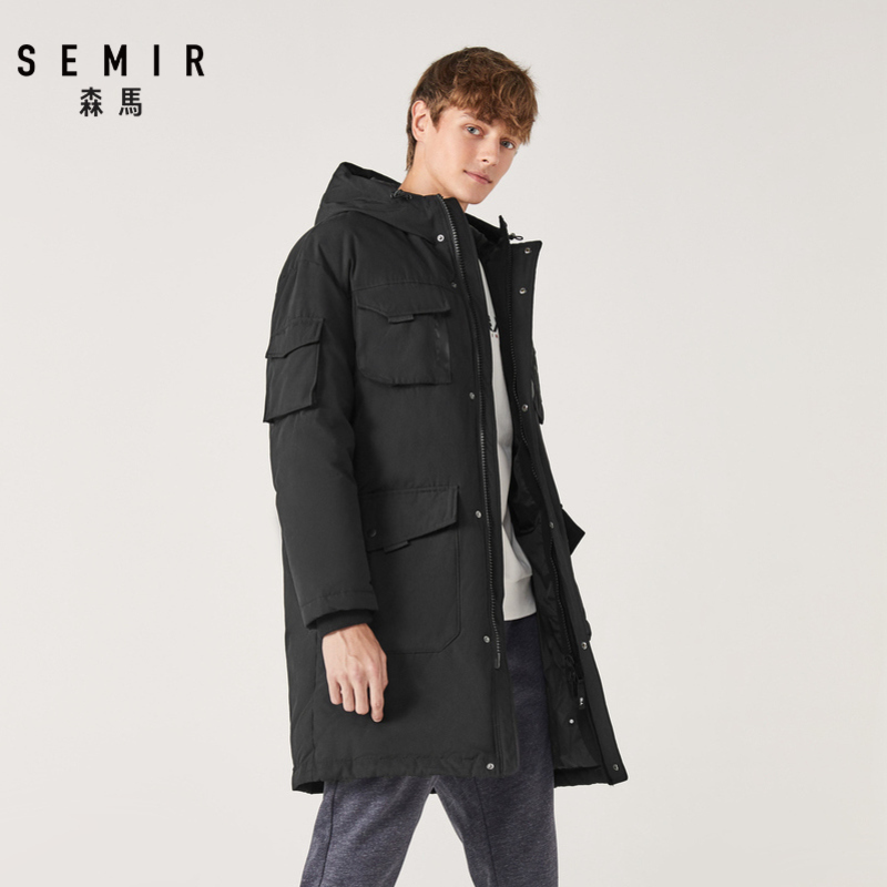 Semir森马工装羽绒服长款男冬季2019男装连帽加厚保暖宽松男生外套