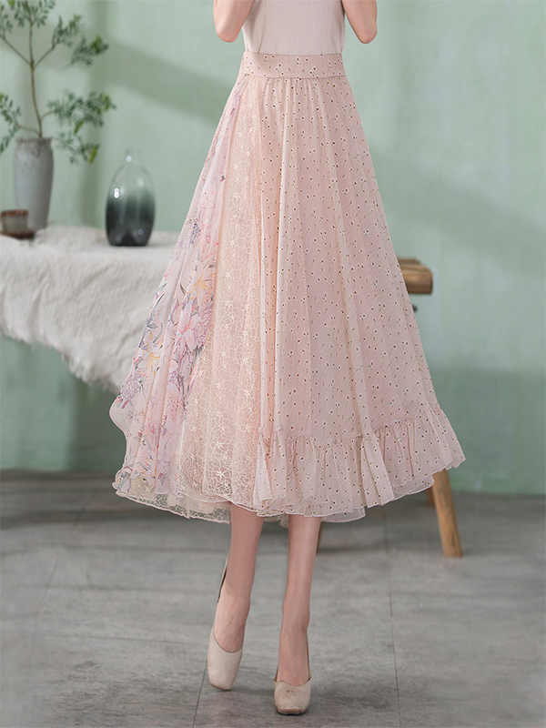 烟花烫半身裙夏女2018新款印花蕾丝大摆百褶裙长款a字裙静若3822210