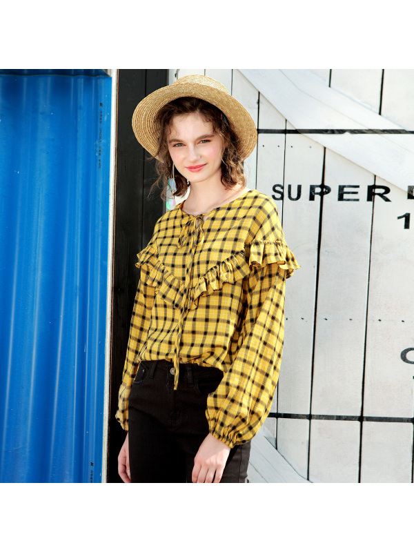 日韩时尚甜美荷叶边系带格纹灯笼袖小衫