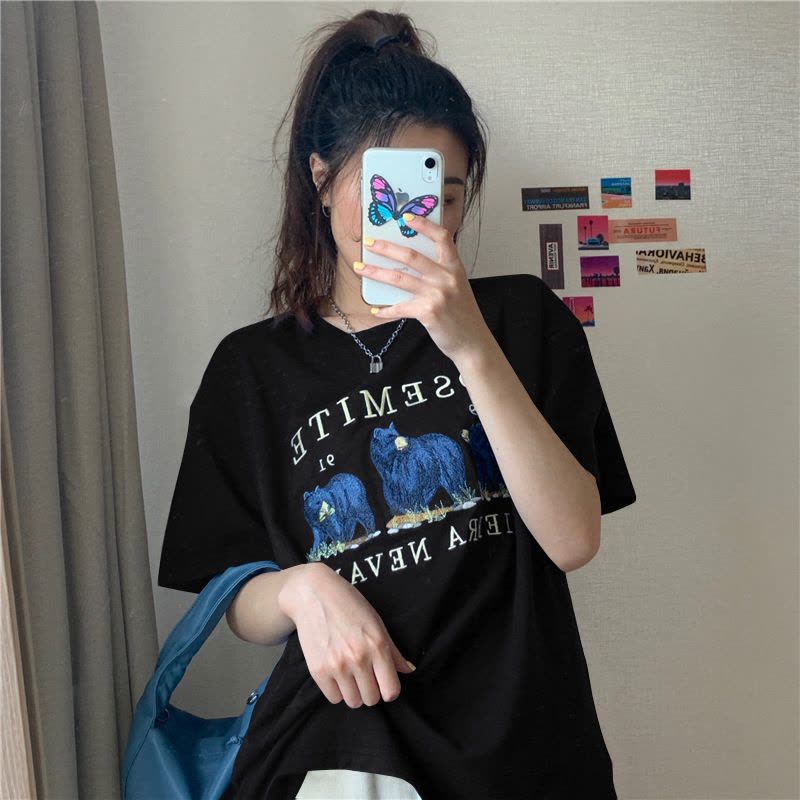 夏季韩版短袖T恤女中长款打底衫女卡通学生宽松上衣女装图片