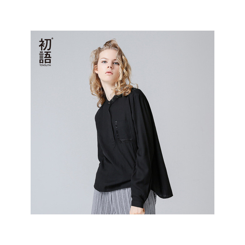 初语衬衫小立领纯色真丝麻长袖衬衣直筒女装上衣潮