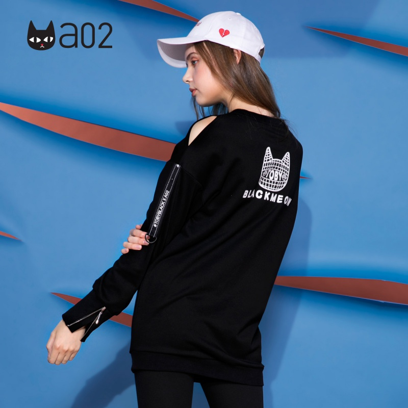 a02新款个性少女露肩拉链卡通印花中长款卫衣女DTU5B0571KT