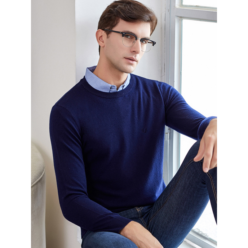 恒源祥男士假两件针织衫2020春秋款圆领套头毛衣纯羊毛针织衫纯色打底