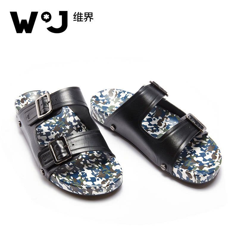 维界金属搭扣牛皮凉拖鞋 黑色 41图片