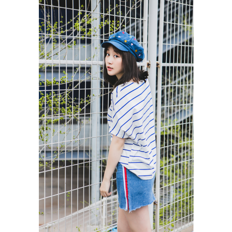 MolaLuna2018夏季新品韩版宽松显瘦条纹T恤女士