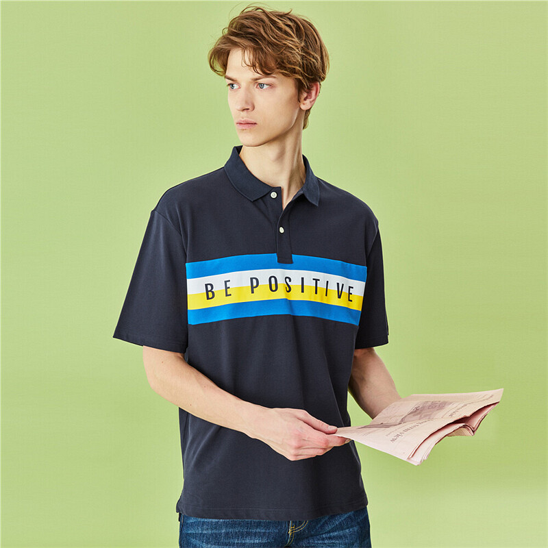 佐丹奴Polo衫男莱卡弹力棉落肩袖宽松拼色印花短袖POLO衫01010386