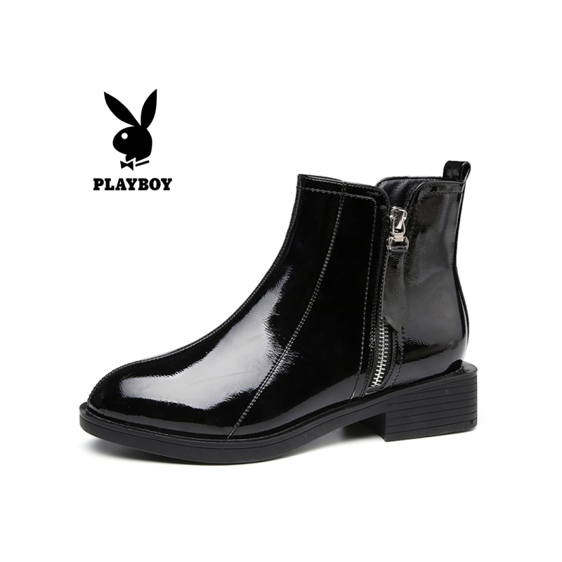 PLAYBOY/花花公子冬季加绒休闲简约纯色漆皮侧拉链设计圆头粗跟时尚短靴女G10399235