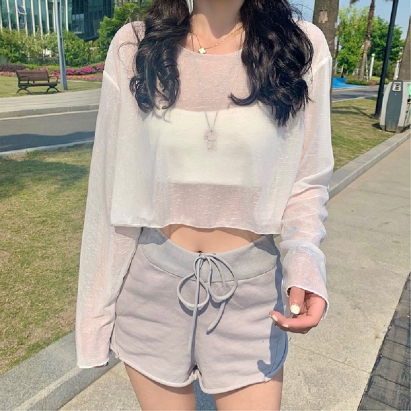 纯色透明防晒衣女宽松长袖T恤女情侣装打底衫短款小可爱女装潮ins