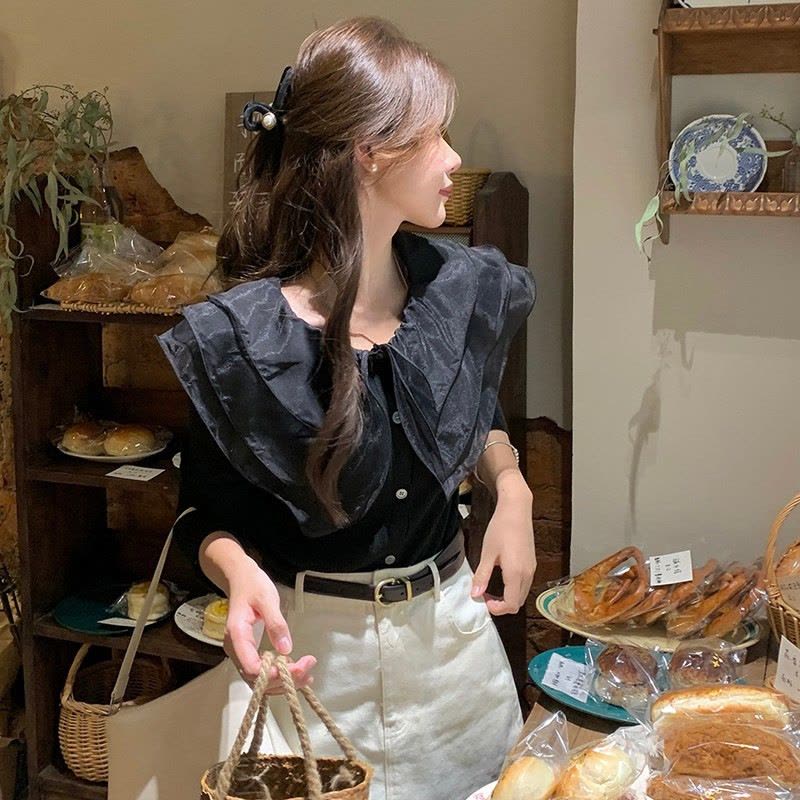 chic甜美温柔针织开衫女薄款娃娃领毛衣长袖荷叶边领拼接修身上衣图片