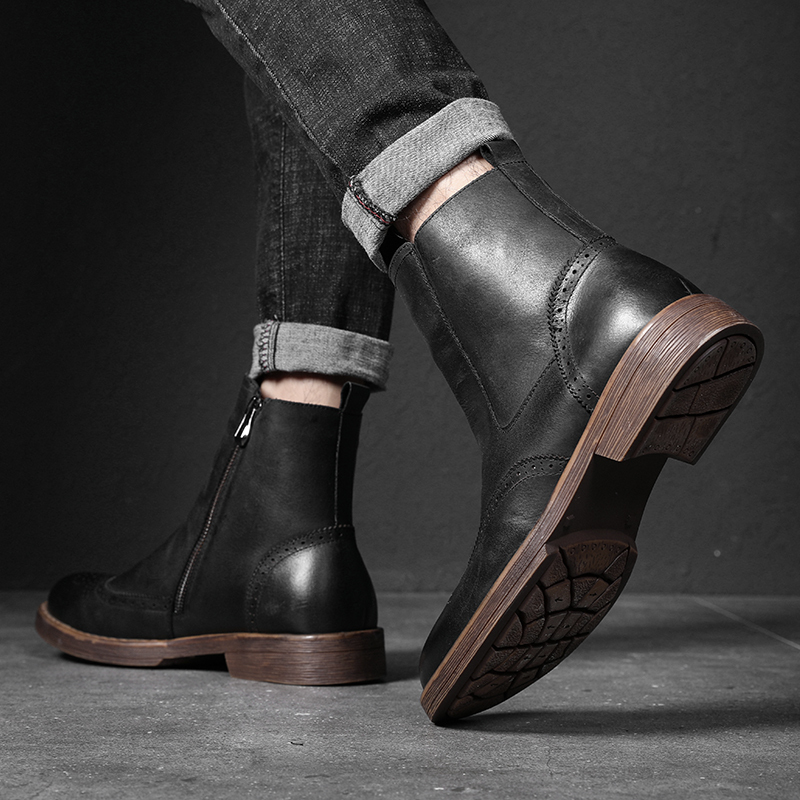 ier马丁靴男潮英伦风百搭韩版中帮靴子黑色青年切尔西靴男士真皮短靴