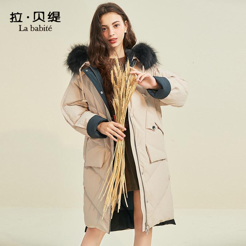 专柜同款拉贝缇羽绒服女中长款拉夏贝尔2019冬季新款过膝大毛领派克服外套60008549