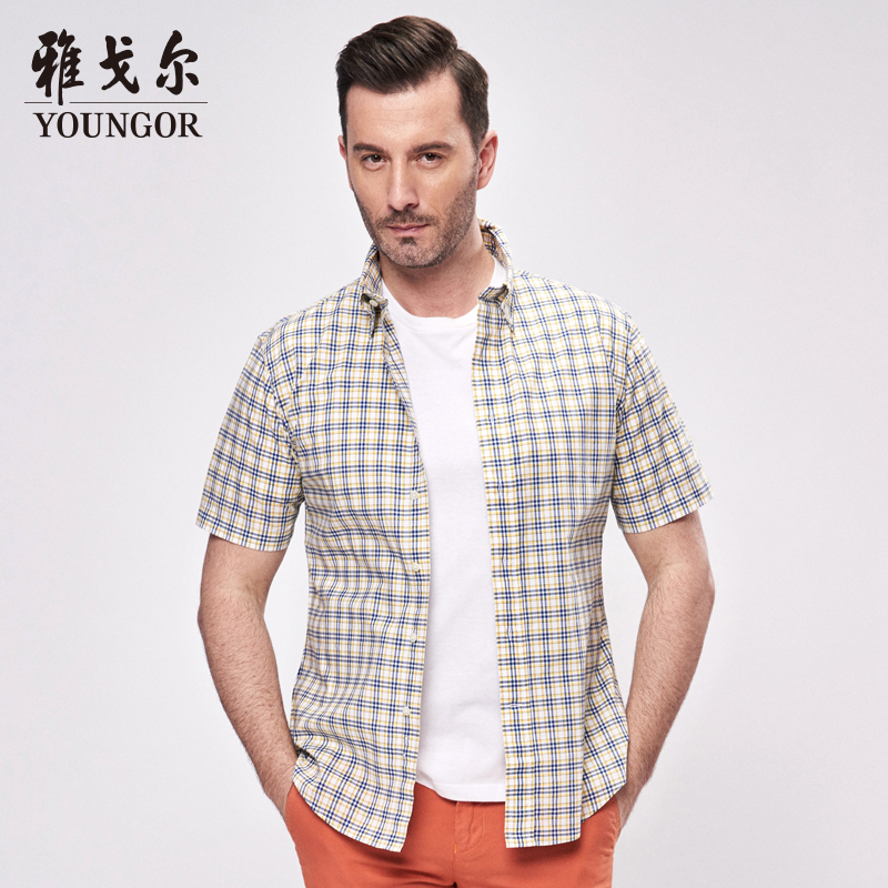 Youngor/雅戈尔夏季男士全棉修身商务休闲格子短袖衬衫5866周年庆
