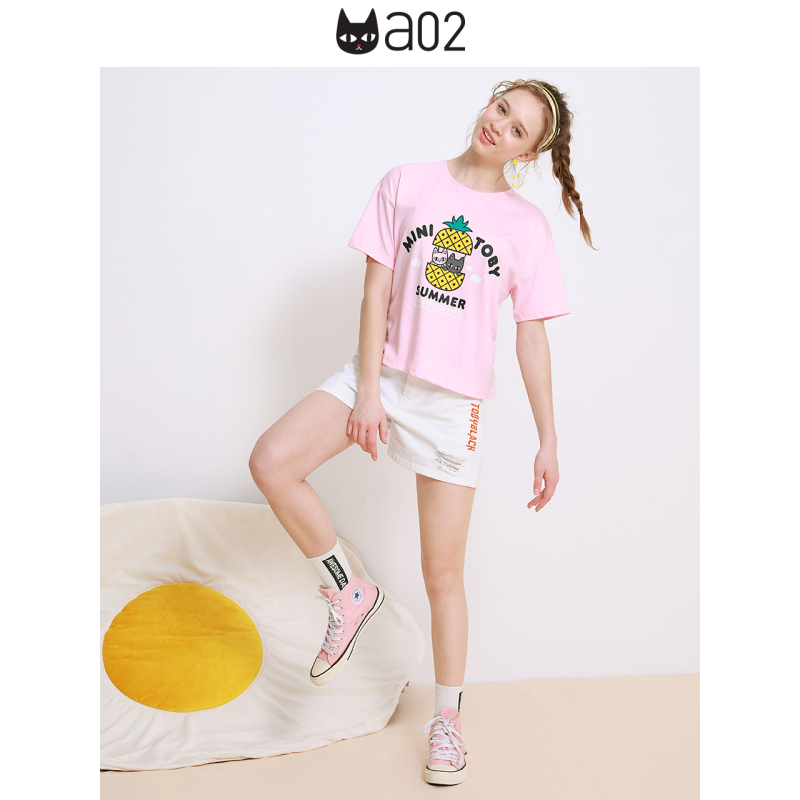 a02新款甜美少女萌趣卡通字母印花宽松短袖T恤女DTU2D1151KT