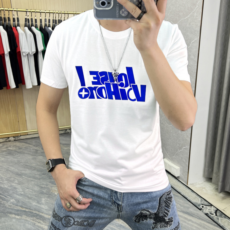 夏季欧货新款字母T恤男士上衣简约半袖衫修身潮圆领体恤