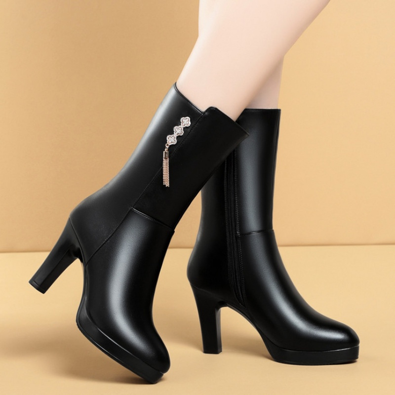 中筒靴女冬新款高跟防水台气质女靴舒适时装靴子加绒保暖女士皮靴