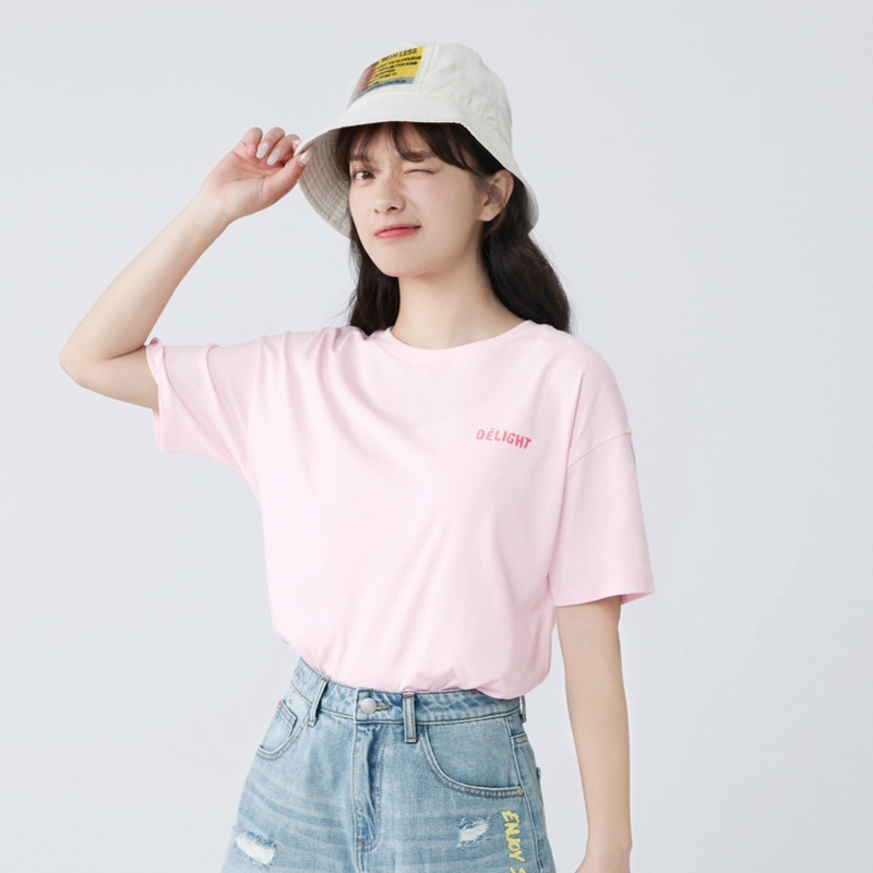 【满198减100预估价：39】森马宽松显瘦短袖T恤女夏季时尚纯棉短袖粉色t恤女小众设计感上衣