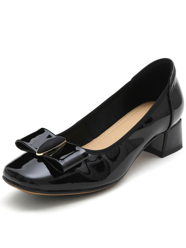 真皮粗跟女单鞋25新款漆皮装饰扣女鞋时尚低帮浅口妈妈中跟四季鞋