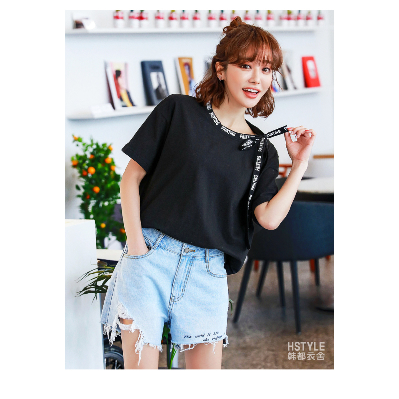 韩都衣舍2018韩版女装夏装新款宽松圆领印花上衣短袖T恤AA13166玎