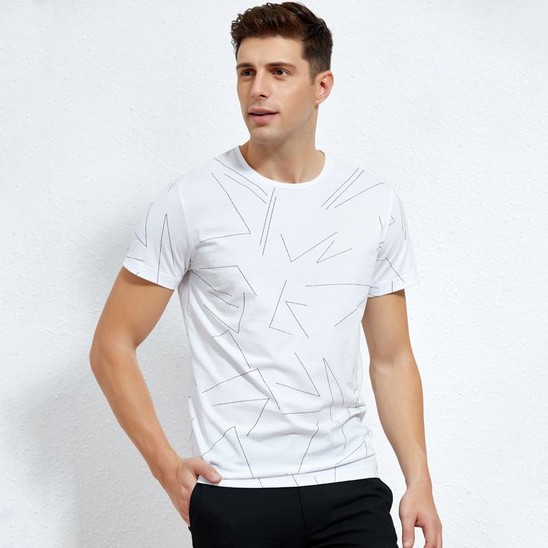 才子男装旗舰店官方t恤衫几何线条印花圆领短袖