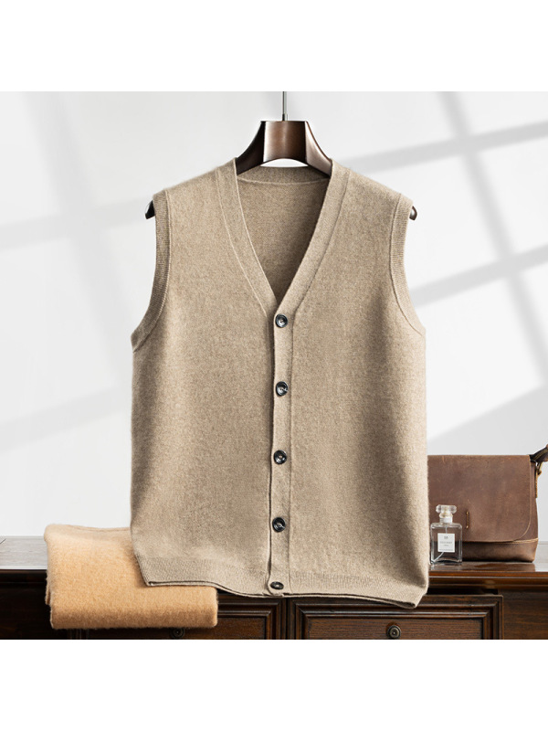 秋冬新款男士V领羊绒开衫单排扣无袖上衣中年商务休闲宽松型外套