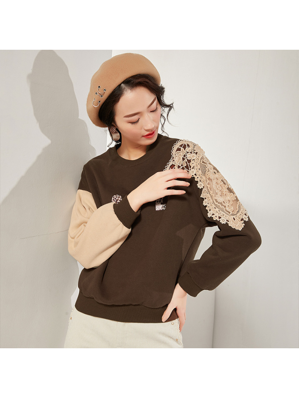 欧昵雪冬装字母印花撞色蕾丝长袖圆领宽松加绒加厚卫衣女短款