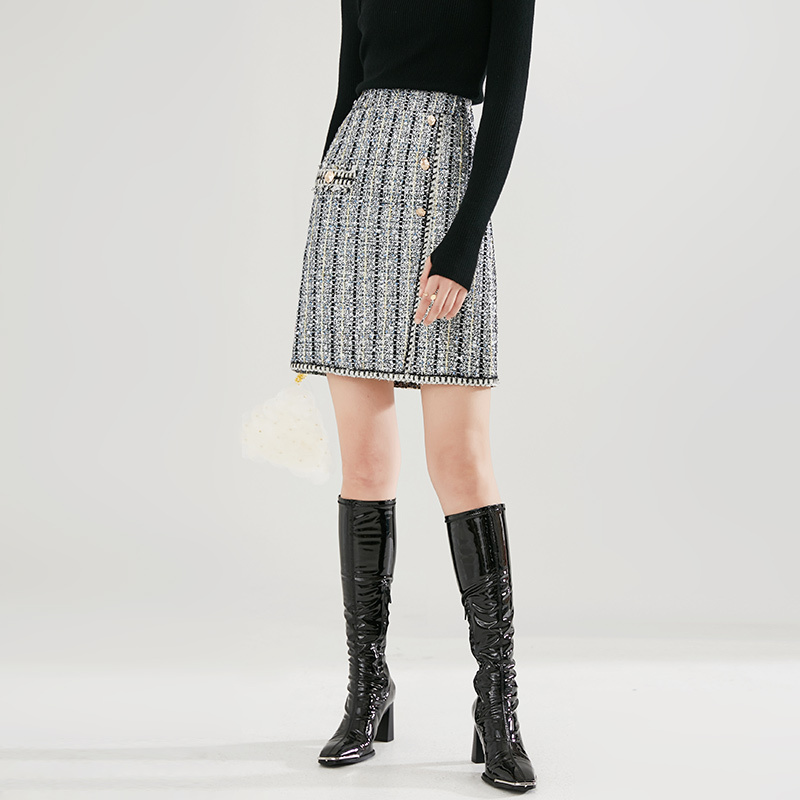 晚白2021春季新品时尚名媛淑女高腰百搭短裙小香风毛呢半身裙女
