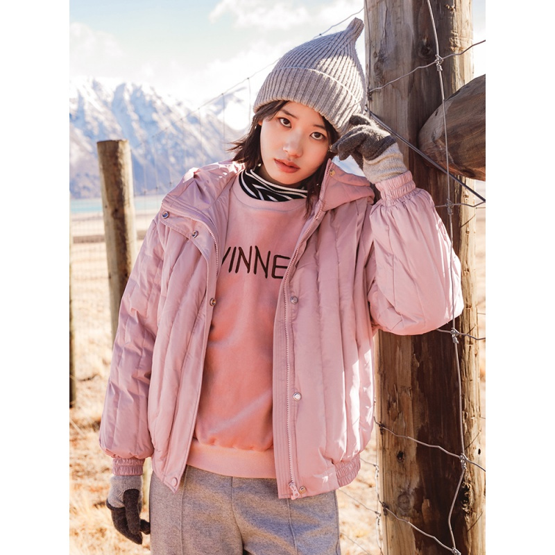 茵曼秋冬时尚减龄少女宽松保暖连帽粉色短款羽绒服女面包服外套潮