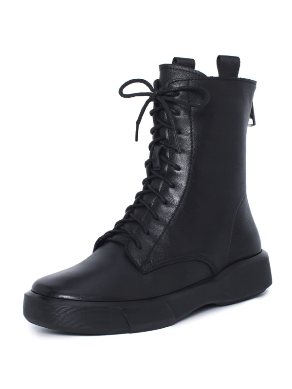 策霸秋冬加绒马丁靴女圆头真皮系带中筒靴黑色经典厚底机车靴子