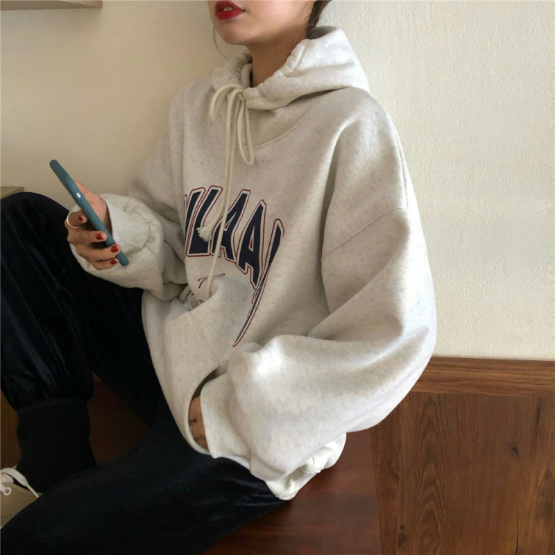 秋冬新款韩版加绒连帽卫衣女宽松韩版潮ins学生上衣外套女装