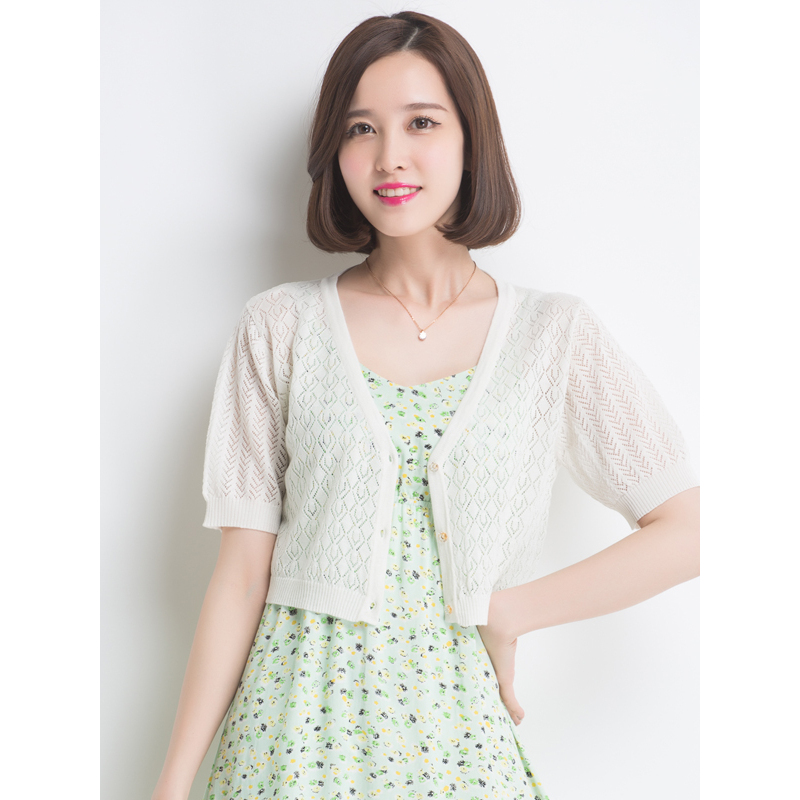 恒源祥女士针织开衫夏款薄款含桑蚕丝短袖镂空外套空调衫针织开衫女