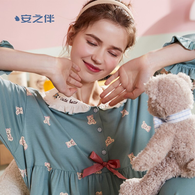 安之伴睡衣女套头套装甜美可爱可外穿女士家居服套装 灰绿 L