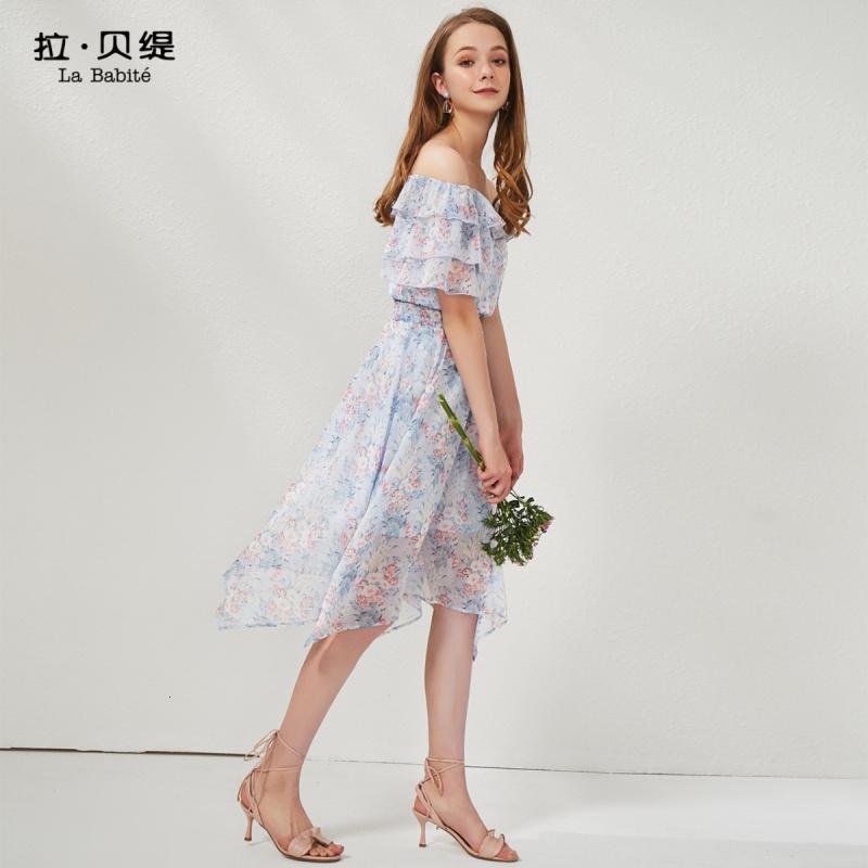 La Babite一字肩连衣裙女夏季新款小个子雪纺碎花仙女裙子a字中长款春