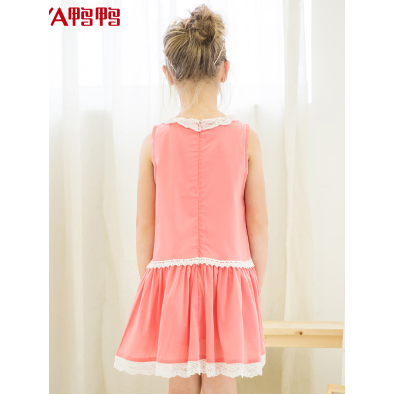 鸭鸭 夏季新品童装女童裙子无袖雪纺纯色蕾丝边连衣裙时尚休闲
