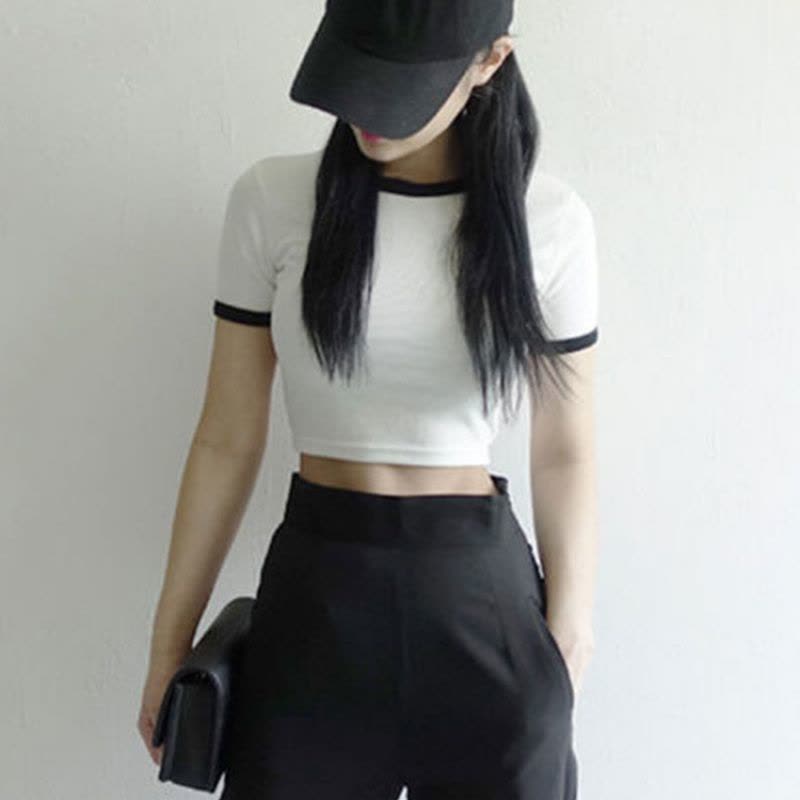 露肚脐修身短袖T恤女夏纯色圆领短款打底衫插色上衣韩国女装图片