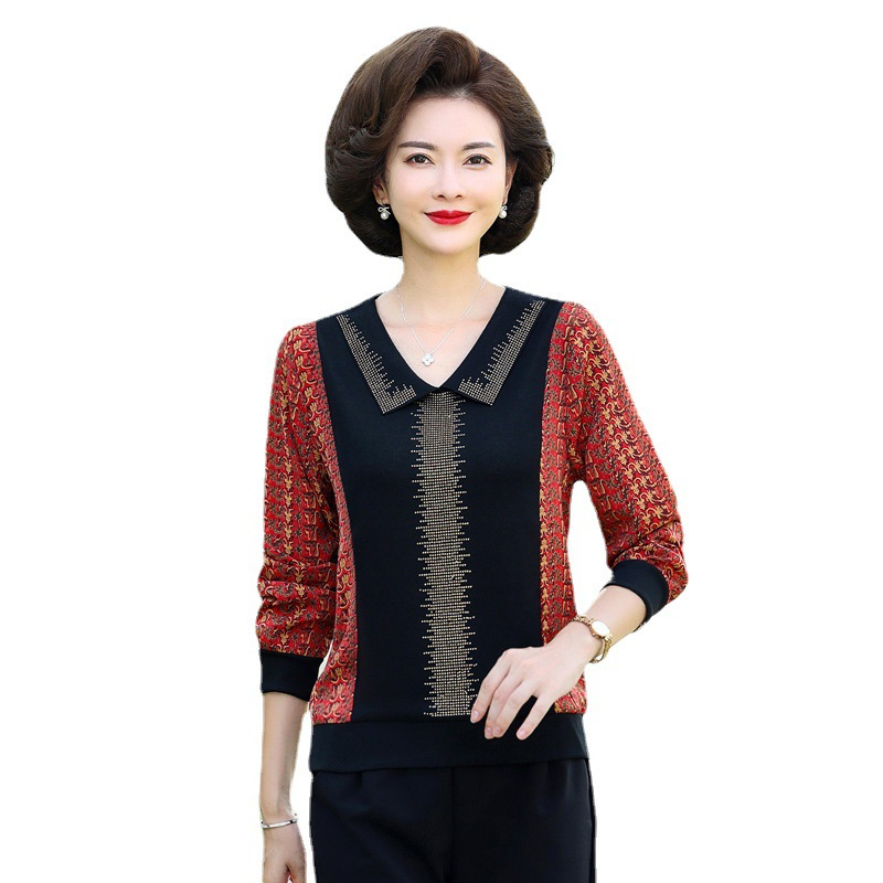 中老年女装新款妈妈装拼色长袖t恤秋翻领洋气宽松显瘦大码妈妈衫