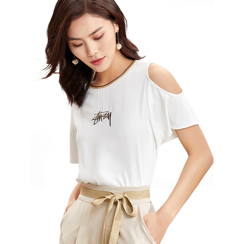欧昵雪字母绣花荷叶袖露肩宽松圆领白色短袖t恤女上衣夏