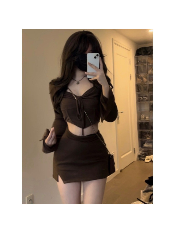 纯欲风辣妹小个子套装春秋甜美抽绳褶皱短款上衣+包臀短裙两件套