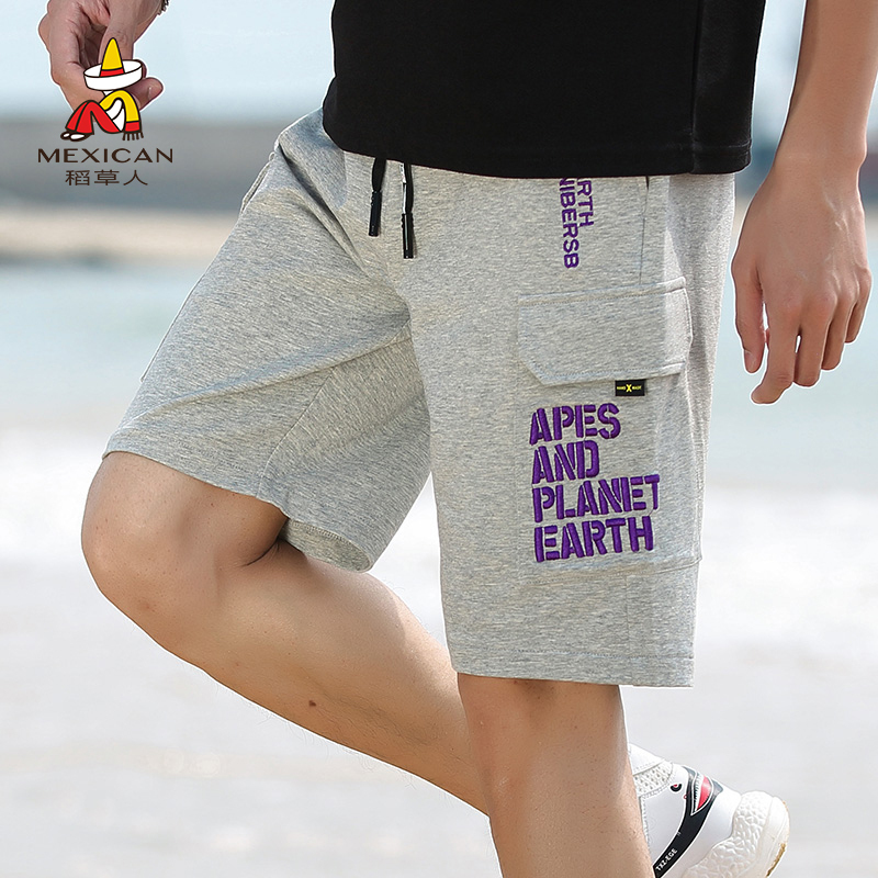 稻草人短裤男2019夏季新品简约印花纯棉裤子松紧直筒五分裤男