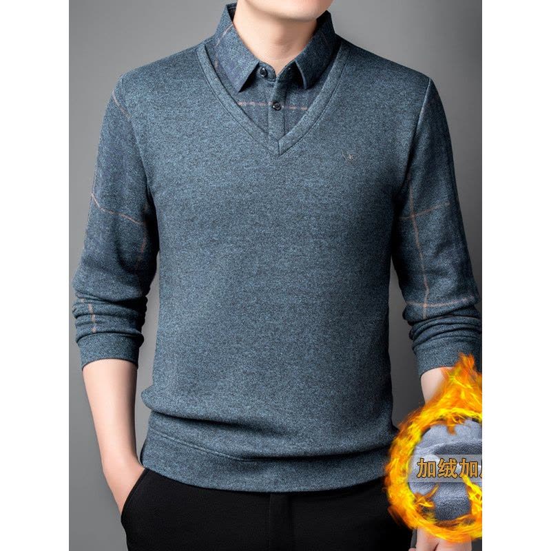 新款T恤加绒假两件男士长袖polo衫加厚鸡心领休闲打底衫男装上衣图片