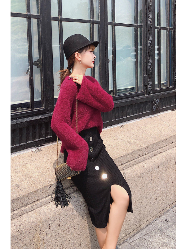 2018秋冬新款韩版高腰修身包臀排扣针织半身裙女