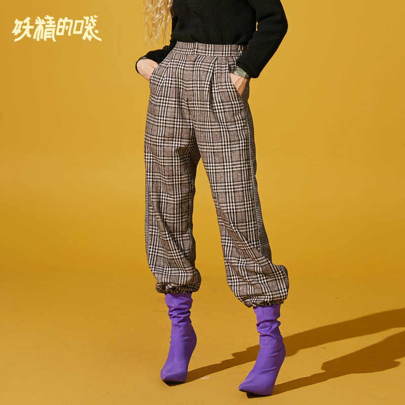 妖精的口袋Y港味复古chic裤子秋装休闲长裤格子阔腿裤女Q
