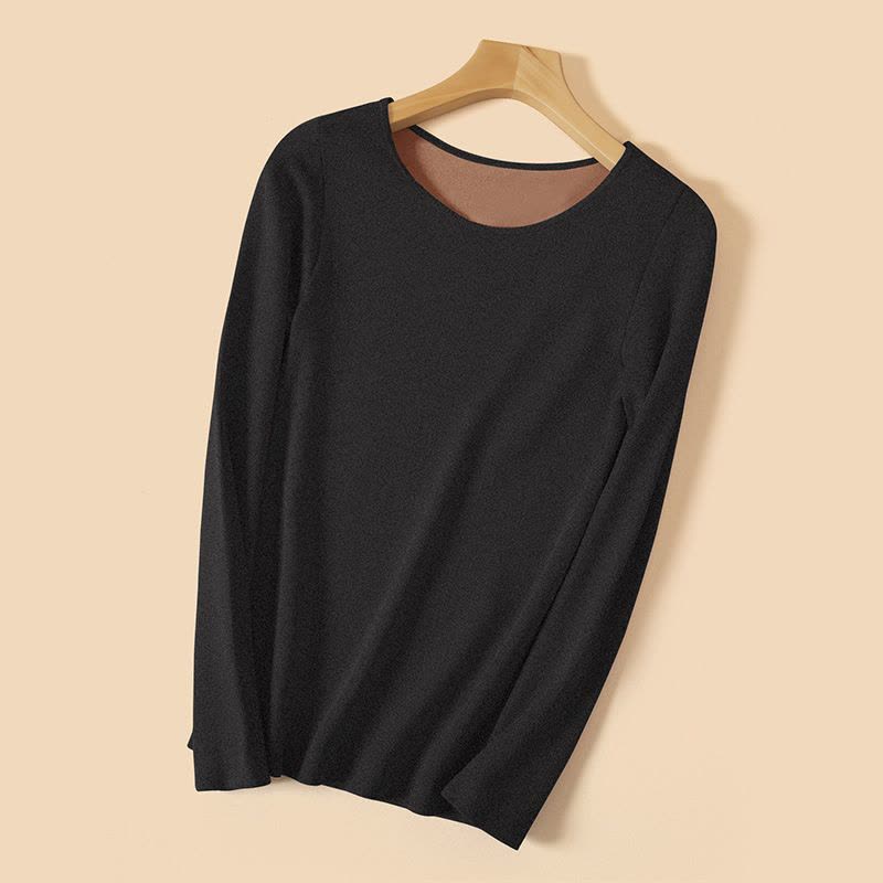 德绒保暖内衣女士单上衣圆领修身毛圈绒贴片加绒打底发热秋衣女冬图片