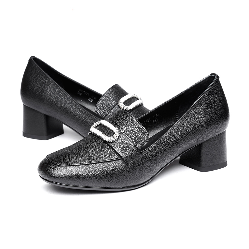 红蜻蜓女鞋正品真皮英伦风单鞋女方头水钻方扣职业小皮鞋