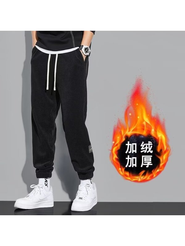 灯芯绒休闲哈伦裤男士秋冬季新款加绒保暖小脚男士休闲裤 加绒-黑色 4XL