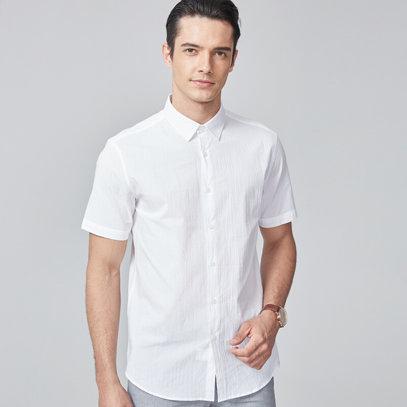 九牧王男装2018春夏新款休闲衬衫男纯色宽松舒适百搭日常短袖衬衣男多