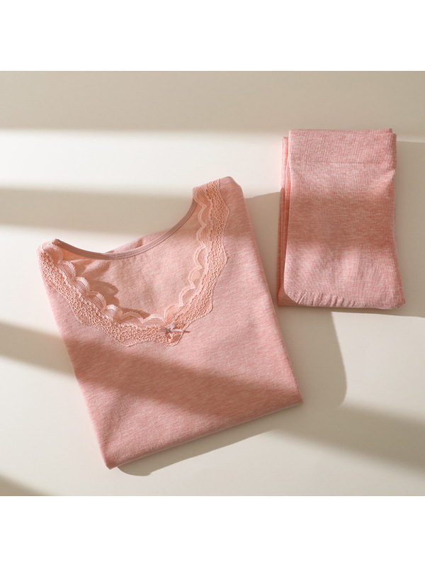 秋冬保暖内衣女 美体秋衣防寒纯色打底衫蕾丝修身V领保暖套装