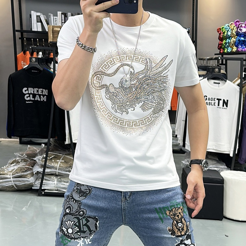 夏季新款龙年本命年短袖T恤男士上衣烫钻重工时尚潮流丝光棉半袖