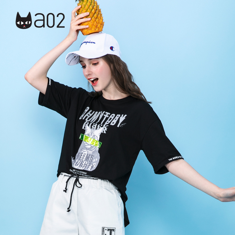 a02新款潮流ins街头风卡通字母印花宽松短袖T恤女DTU2D0061KT